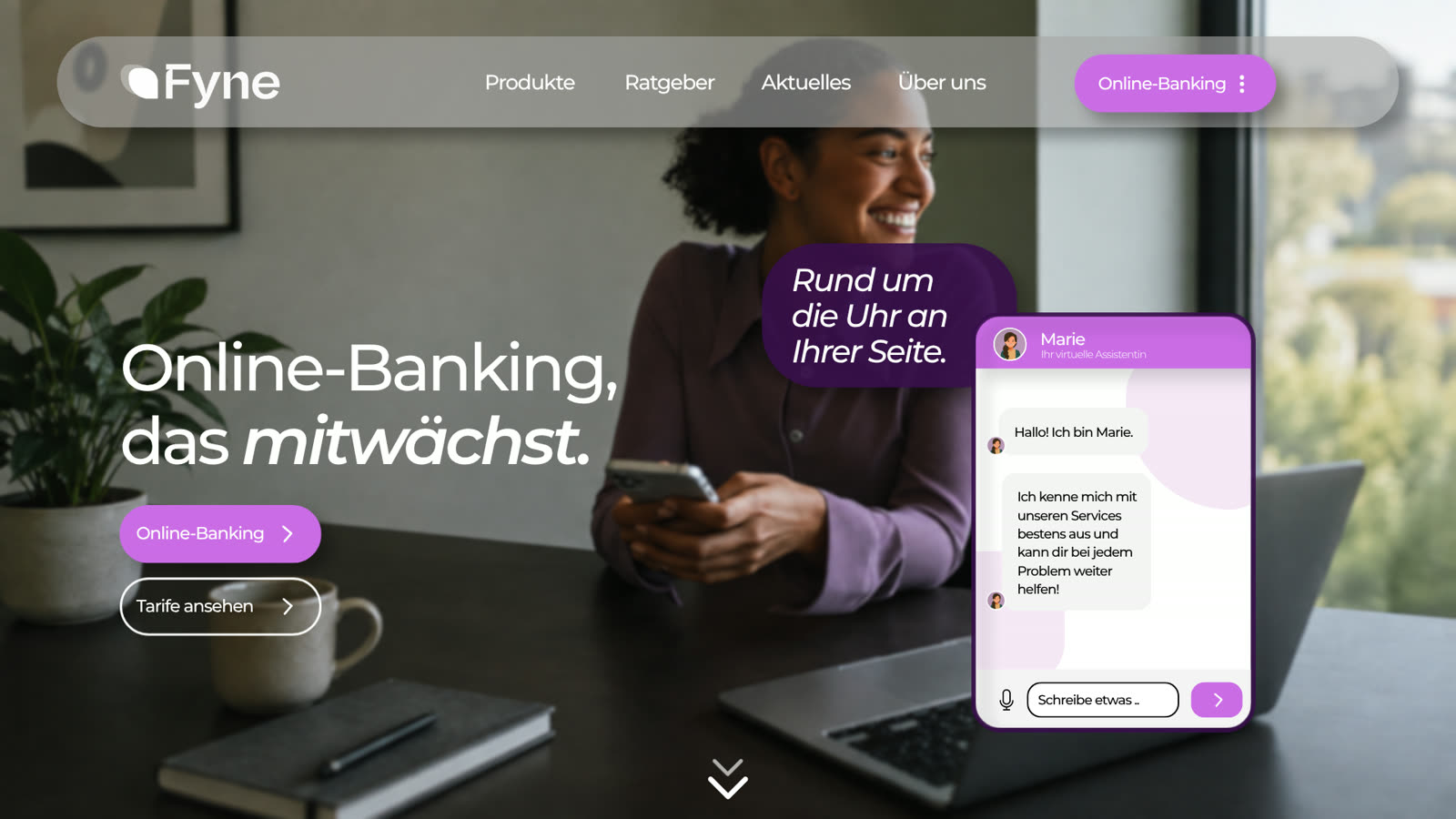 Website-Design für Fyne — Startseite mit Online-Banking